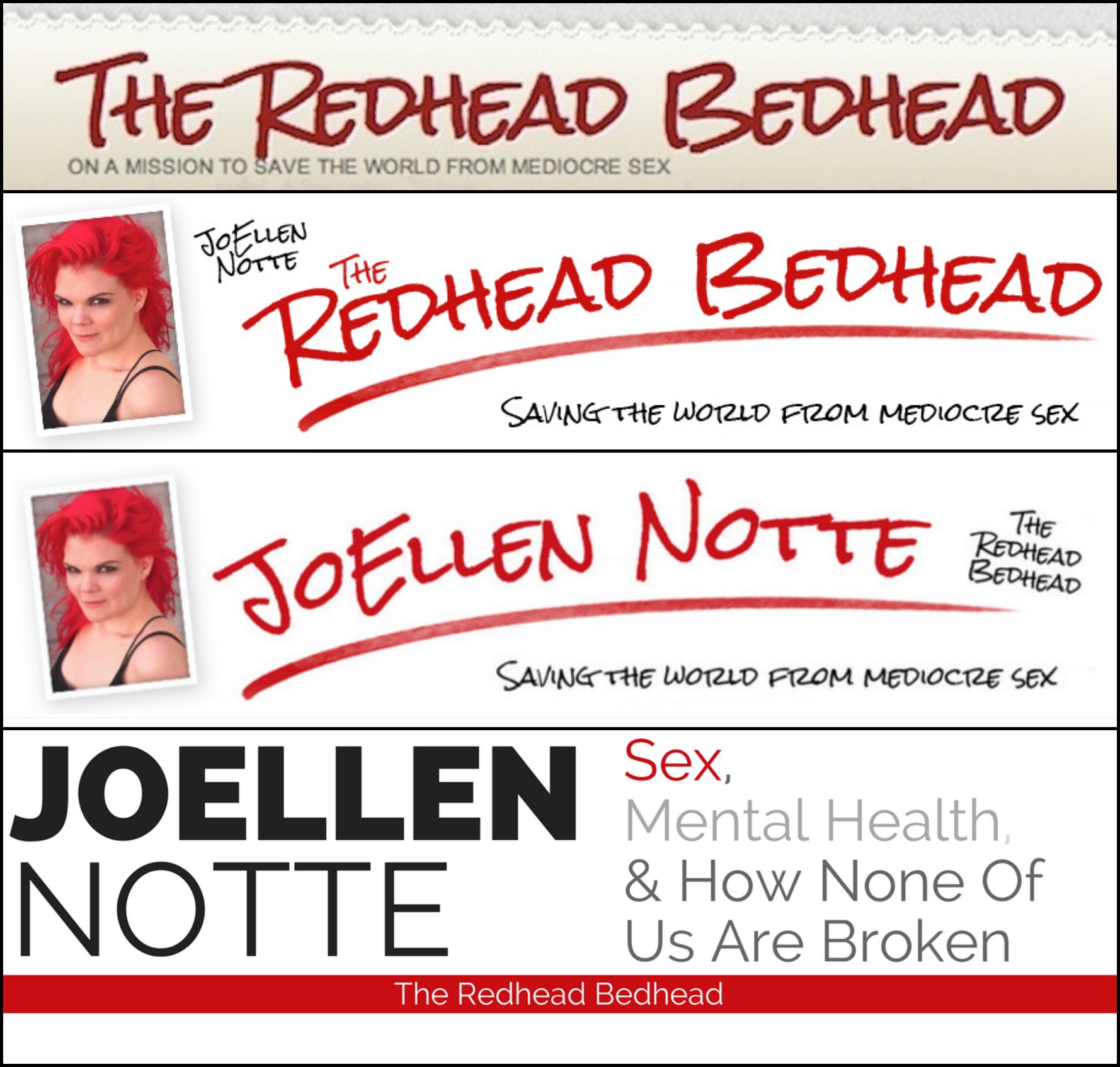 Four Redhead Bedhead website headers. First two prominently feature "The Redhead Bedhead", last two prominently feature "JoEllen Notte"