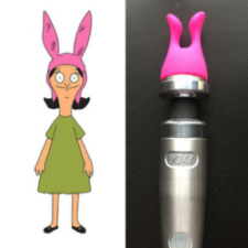 Louise Belcher wearing pink rabbit ears. Doxy 3 with pink rabbit ear shaped head.