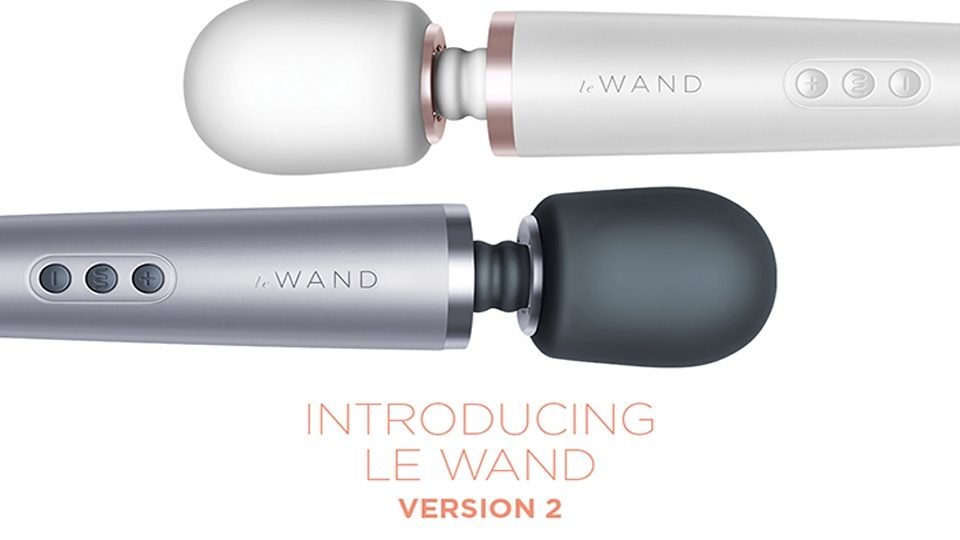 Pearl white Le Wand and grey Le Wand with caption "Introducing Le Wand Version 2"