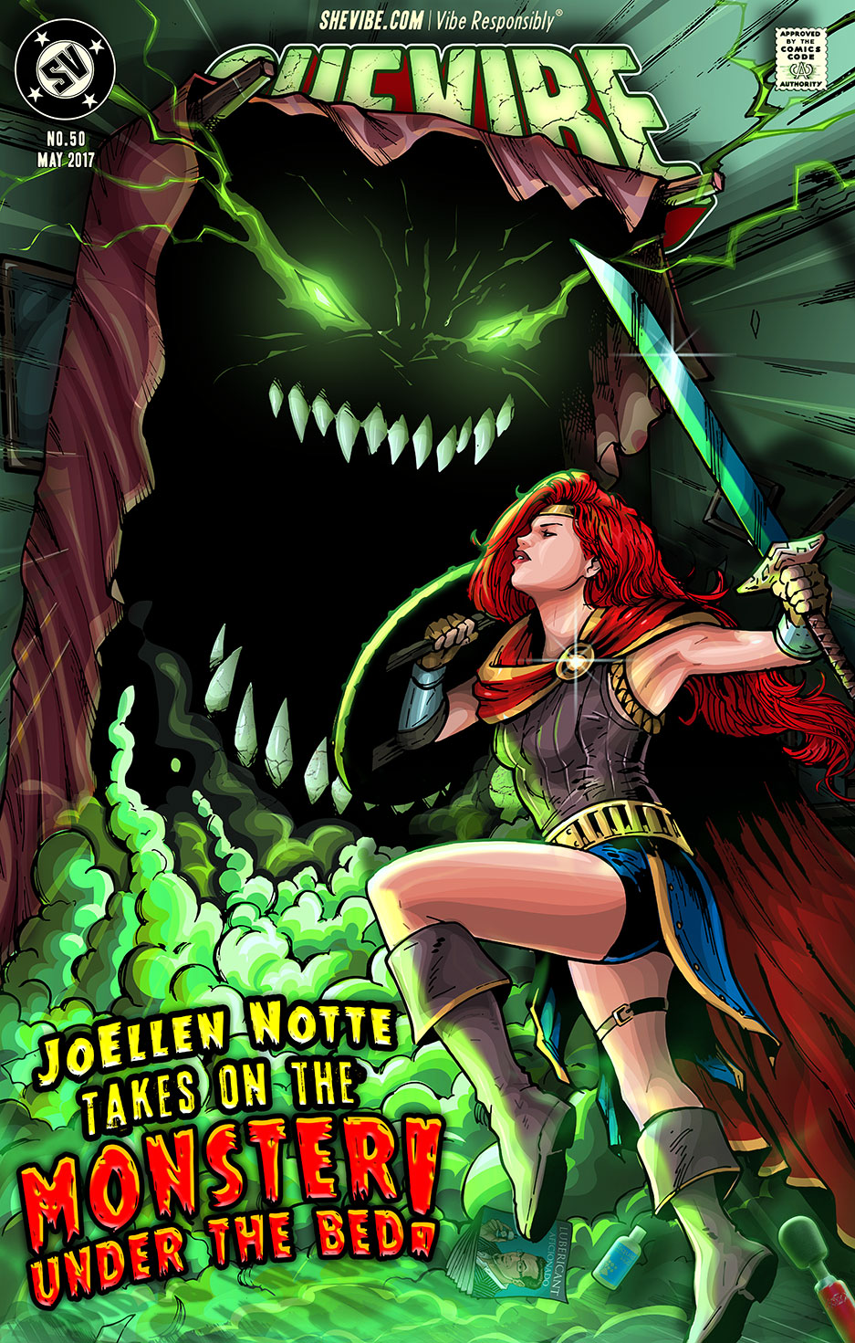 JoEllen drawn as Wonder Woman, holding a sword, battling a monster with sharp teeth and glowing eyes that is rising up from under a bed text reads "JoEllen Notte Takes on The Monster Under The Bed" top of the images features the SheVibe logo