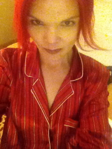 JoEllen in striped red silk pajamas