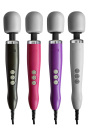 Four original Doxy Wands. Left to right: Black, pink, purple, and white. All have grey heads. 