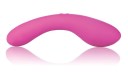 The Swan Wand vibrator- a curved pink vibrator with one large bulbous end and raised buttons on the center.