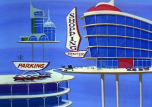 Cartoon image of futuristic floating houses and cars