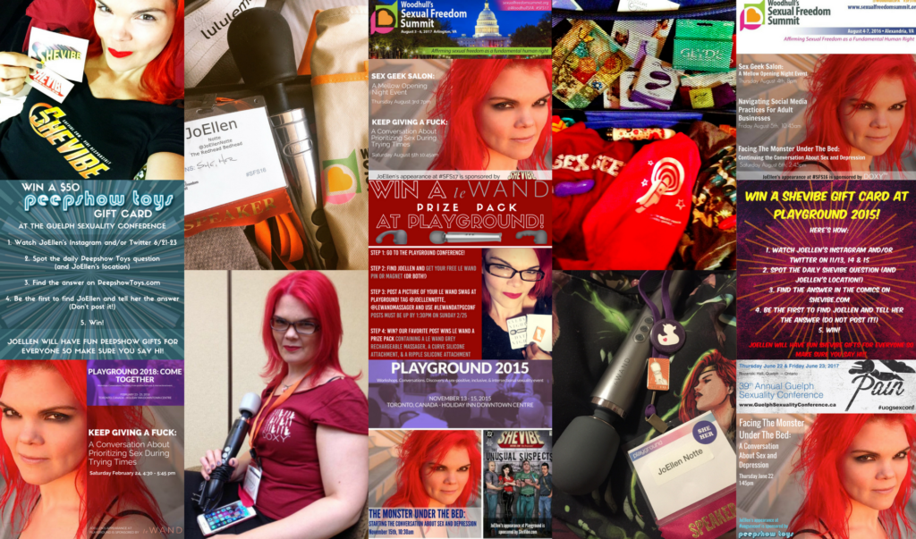Collage featuring JoEllen's sponsorship work with We-Vibe, Doxy, SheVibe, Peepshow Toys, and Le Wand