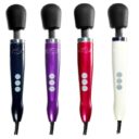 Four shiny, sparkly Doxy Die Cast wand massagers. Left to right: Black, Purple, Red, White. All have black heads and white buttons