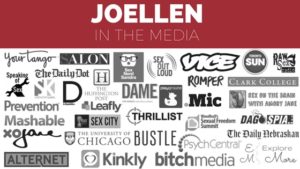 Graphic reading "JoEllen in the media" across the topic and featuring many small logos from media outlets