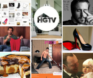 collage featuring a pinterest screenshot, the HGTC logo, Ryan Gosling, black Louboutin heels, a man holding a baby, a shirtless man vacuuming, chocolate caramel cheesecake, and a man folding clothes