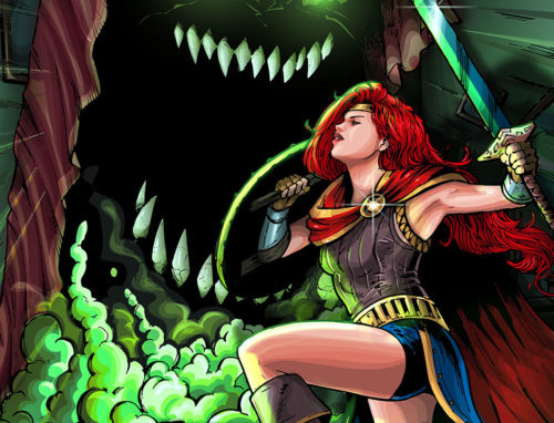 JoEllen drawn as Wonder Woman, holding a sword, battling a monster with sharp teeth and glowing eyes that is rising up from under a bed text reads "JoEllen Notte Takes on The Monster Under The Bed" top of the images features the SheVibe logo