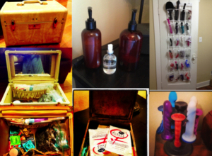 Collage featuring case full of condoms, shoe rack and spice rack full of sex toys and bottles of lube