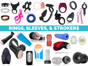 Slide from my class about sex toys. It features pictures of many cock rings, masturbations sleeves, and strokers. It is labeled "Rings, Sleeves, & Strokers"